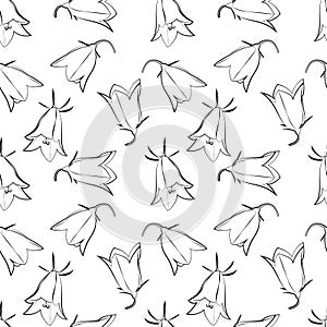 A set of seamless backgrounds with leaves, flowers and flower bud. Line drawing. Lines have different widths. Black white.