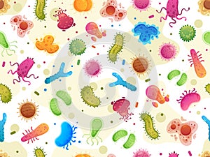 Seamless bacteria pattern. Color germs, microorganism cells microscopic organisms and viruses cartoon vector