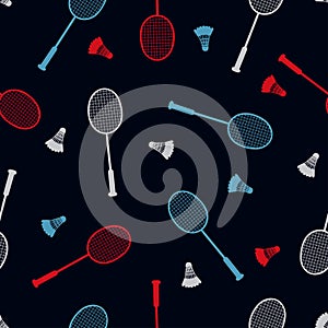 Seamless badminton pattern with rackets and shuttlecocks. Vector sport background