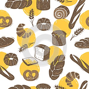 Seamless bakery pattern with bread. Doodle vector illustration