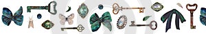 Seamless banner, border of vintage keys, bows, precious brooch, diamonds, emeralds, antiques, butterflies.