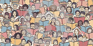 Seamless banner of children reading colorful books
