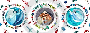 Seamless banner, Christmas border: Holy family, nativity scene, angels. In Christmas flower wreaths. For Christmas prints,