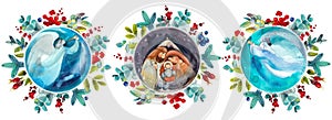 Seamless banner, Christmas border: Holy family, nativity scene, angels. In Christmas flower wreaths. For Christmas prints,