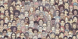 Seamless banner of diverse hand drawn faces