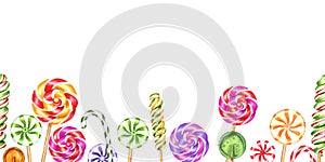 Seamless banner of mix colorful lollipops. Spiral, circle candies, bonbon with striped swirls, sugar caramel on stick. Horizontal