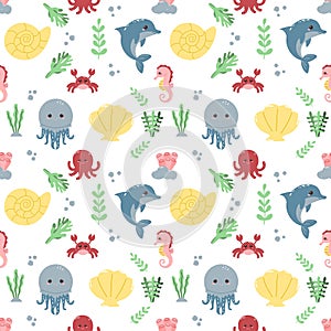 seamless banner with Sea Animals. Underwater life. fabric sample, wrapping paper. Vector