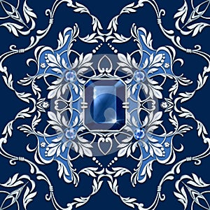 Seamless baroque pattern with blue gems