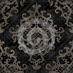 Seamless baroque style damask ornamental velvet pattern. Grey texture on black background