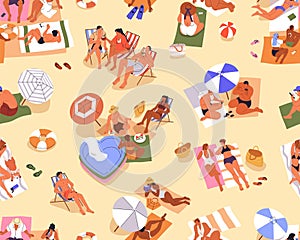 Seamless beach pattern with people sunbathing and relaxing on summer holiday, vacation. Tiny tourists at sea resort