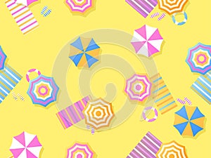 Seamless beach, top view. Beach umbrella and towel on the sand. Flat design style. Summer background. Vector illustration