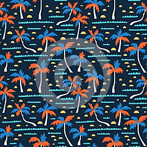 Seamless beach vector pattern with sand, palms and waves. Vector hawaiian background. Fabric design.