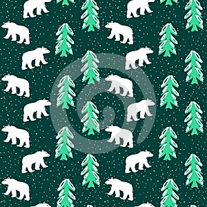 Seamless Bears And Trees Pattern, Winter Theme Pattern, Vector EPS 10.