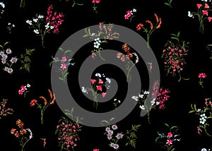 Seamless Beautiful Arrangement Floral Pattern with Leaves on Black Background.