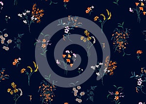 Seamless Beautiful Arrangement Floral Pattern with Leaves on Darkblue Background.