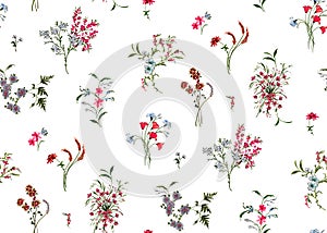 Seamless Beautiful Arrangement Floral Pattern with Leaves on White Background.