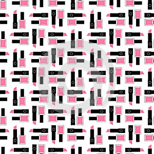 Seamless beauty pattern. Cute fashion illustration with pink lipstick and nail polish.