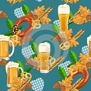Seamless beer pattern with pretzels, wheat, sausages. Oktoberfest background.