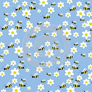Seamless bees and flowers pattern