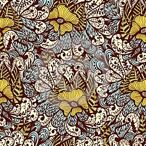 Seamless beige and blue doodle floral pattern