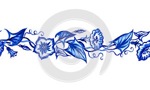 Seamless bindweed border, watercolor illustration in cobalt colors