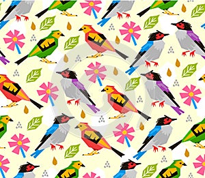 Seamless birds pattern with pink flower on white background