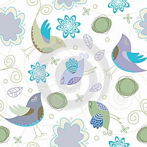 Seamless Birds & Swirls Browns & Blues Background Pattern