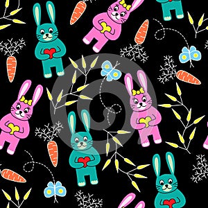 Seamless black background with rabbits