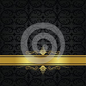 Seamless black floral wallpaper and gold ribbon