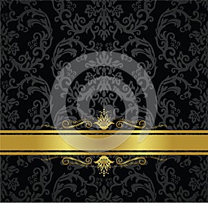 Seamless black floral wallpaper and gold ribbon