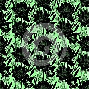 seamless black and green floral pattern, monochrome ornament