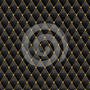 Seamless black leather texture with gold metal details. Vector leather background with golden buttons