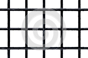 Seamless black metal grate with shabby painted bars isolated on white