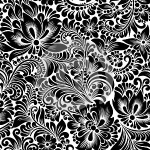 Seamless black pattern with flowers in folk style