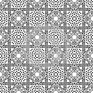 Seamless Black Pattern With Geometric Circles Elements Floral Flowers Decorative Ornament Repeated Design On White Background