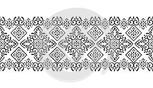 Seamless black and white floral border with traditional Asian design elements