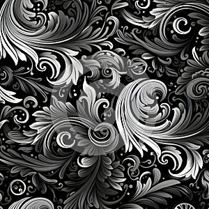 Seamless black and white floral pattern with swirls and curls