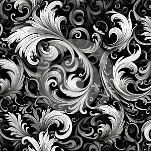 Seamless black and white floral pattern with swirls and curls