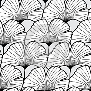 Seamless black and white gingko leaf pattern. Vector illustratio