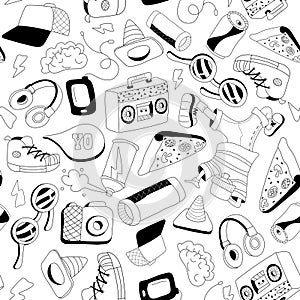 Seamless black and white hip hop pattern. Funny sunglasses, tape recorder, pizza, drink, earphones, camera, sneakers