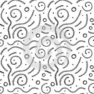 Seamless black and white ink swirls pattern. Funny black curls and stripes.. black and white texture