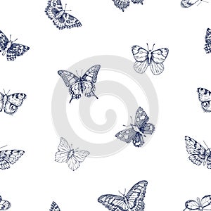 Seamless black and white pattern, butterflies repeating pattern. Moths background. Engraved etched texture design drawn