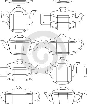 Seamless black and white pattern with contour clay teapots in row. Chinese tea ceremony. Linear drawing of kettles. Vector texture