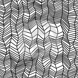 Seamless black and white pattern in doodle style. Wavy print, pl