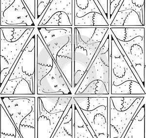 Seamless black and white pattern with lovely foxes in triangle shape, drawn close in geometric background. Vector illustration, go