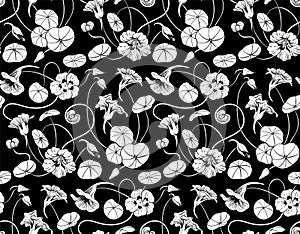 Seamless black and white pattern with nasturtium flowers and leaves