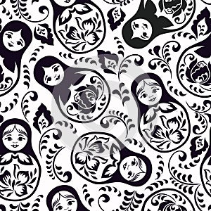 Seamless black and white pattern with nesting dolls.