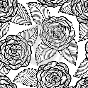 Seamless black and white pattern in roses and leaves lace.