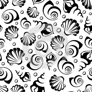 Seamless black and white pattern with sea shells. Vector illustration.