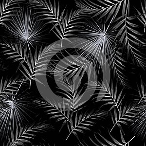 Seamless black white pattern with tropical palm leaves. Black background.